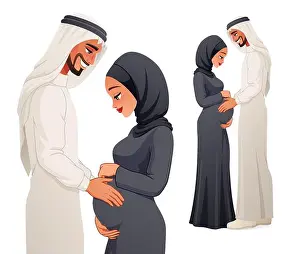 Face To Face Prints: Happy pregnant Arab couple expecting baby. Vector illustration