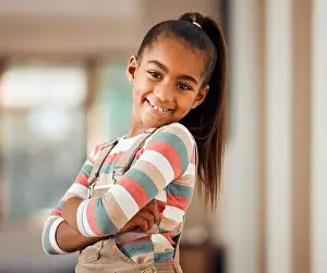 Crossed Arms Prints: Happy, smile and portrait of a girl child in her home with a positive mindset standing with crossed arms