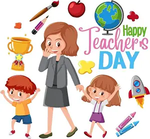 Stationary Prints: Happy Teacher's Day logo with teacher and students illustration
