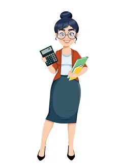 Counting Prints: Happy Techer day. Cute female teacher cartoon character holding calculator