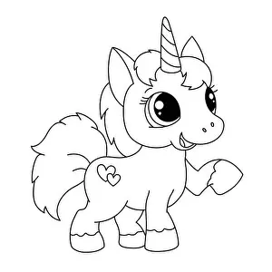 Dreamlike Prints: Happy Unicorn Coloring Page. Beautiful Cartoon Fairytale Unicorn And Heart