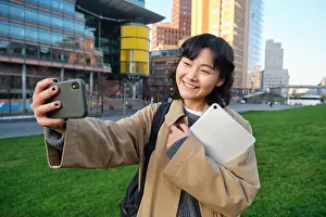 User Interface Prints: Happy university student, korean girl takes selfie with her papers and digital tablet