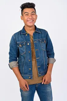 Chroma Key Prints: Happy young Asian man smiling with denim jacket