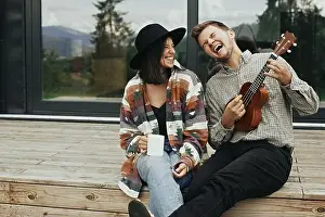 Porch Prints: Happy young family travelers smiling and having fun