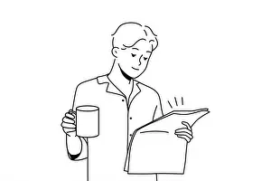 Awake Prints: Happy young man in pyjama drinking coffee reading newspaper