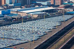 Manufactured Prints: Harbor port car export import parking yard with hundreds of new manufactured vehicles