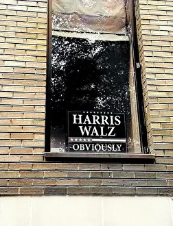 Candidates Prints: 'Harris Walz Obviously' sign in an apartment building window in Cobble Hill