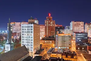 Harrisburg, Pennsylvania, USA cityscape with historic church tower at night