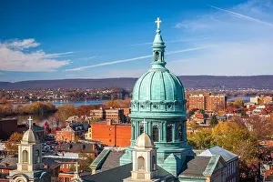 Harrisburg, Pennsylvania, USA cityscape with historic churches during autumn season