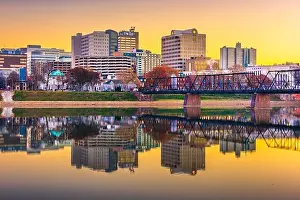 Harrisburg, Pennsylvania, USA skyline on the Susquehanna River at twilight