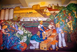 Ethnic Prints: A harvest fresco entitled 'Agriculture in California' by Maxine Albo in the Social Realism style is part of