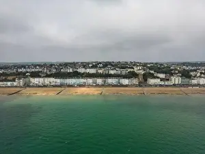 Hastings seafront, England. The seafront to the East Sussex town of Hastings drone shot of shore and city