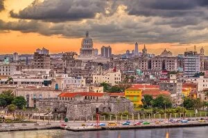 Images Dated 25th December 2017: Havana, Cuba downtown skyline on the water just after sunset