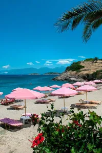 Parasols Prints: Havania Beach, Agios Nikolaos, Crete, Greece
