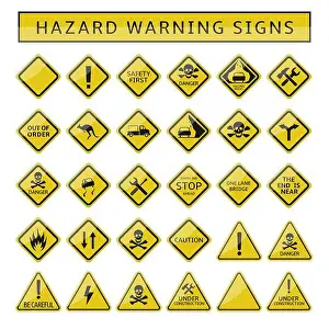 Flammable Prints: Hazard warning signs. Yellow warning symbol set, caution danger signs