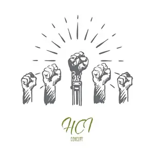 Humanity Prints: HCI, automation, technology, team, leadership concept. Hand drawn isolated vector