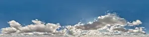 Spherical Panorama Prints: hdri 360 panorama of blue sky with cumulus clouds with zenith in spherical equirectangular projection may use for sky