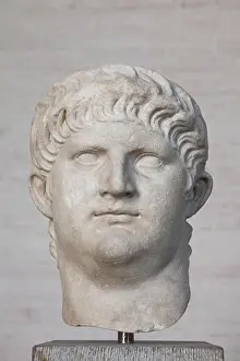 Munchen Prints: Head from the colossal statue of Roman Emperor Nero (reign 54-68 AD) on display in the Glyptothek Museum in Munich
