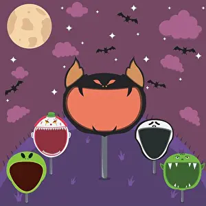 Demon Prints: Head Monster Set in Field and Night
