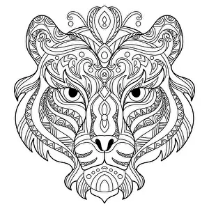 Mandala Prints: Head of tiger. Abstract vector contour illustration isolated on white background