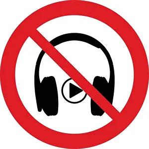 Forbidden Prints: no headphones icon. no listening music icon. The red circle prohibiting sing