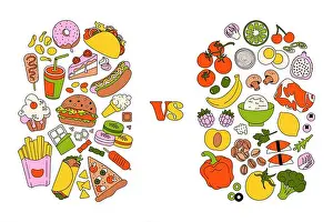 Fastfood Prints: Healthy vs unhealthy food. Fastfood and sweet snacks versus balanced meal with fruits and vegetables