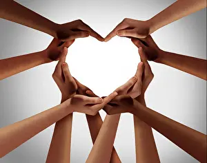 Love Heart Prints: Heart hands as a group of diverse people hands connected together shaped as a love symbol expressing the feeling of