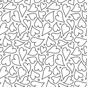 Valentines Prints: Heart pattern background. Black and white outline hearts and dots in a tossed seamless repeat