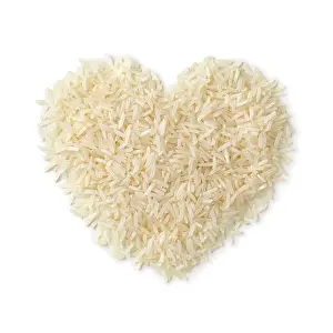 Heart Shaped Prints: Heart shaped heap of raw Basmati rice isolated on white background