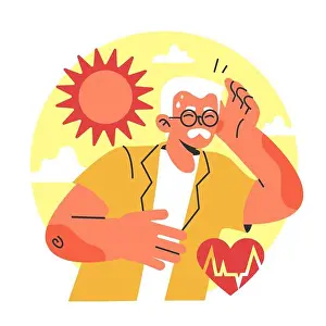 Fatigue Prints: Heat stroke. Senior male character suffering from hot summer sun