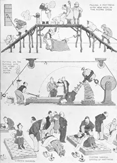 Mattress Prints: HEATH ROBINSON: Half-hours at a Mattress-making factory, vintage print 1920
