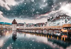 Sky City Prints: heavy snowfall in Lucerne, Switzerland on a winter night