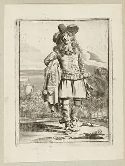 Mens Prints: Heer, staand in landschap, gekleed volgens de mode omstreeks 1660 Elegantly dressed gentleman standing in landscape