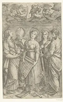 Angelic Prints: Heilige Cecilia met muziekinstrumenten omringd door vier heiligen Saint Cecilia standing with small organ in her hands
