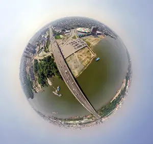 City Bridge Prints: Helicopter drone shot. Aerial photography of a river with bridge