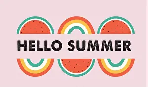 Bohemian Prints: Hello summer, banner design with watermelon and rainbows. Vector illustration