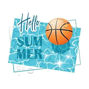 Outdoor Recreation Prints: Hello Summer. Solar water surface with a basketball ball and water drops