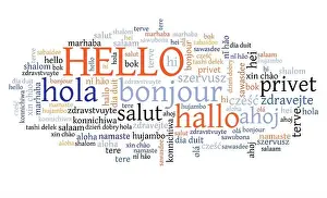 Tags Prints: Hello word translated in different languages. Hello international translation text collage