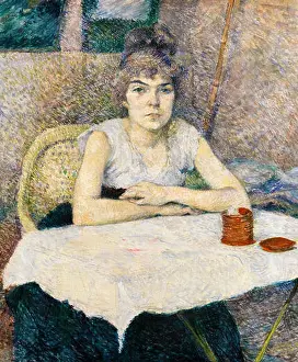 Post Impressionism Prints: Henri de Toulouse Lautrec, Young Woman at a Table, Poudre de riz, portrait painting, 1887