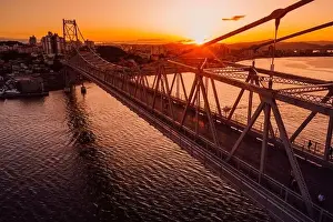 Hercilio luz cable bridge with sunset light in Florianopolis, Brazil. Aerial view