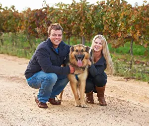 Kneeling Prints: Hes a member of their family. Portrait of a young couple with their pet Alsatian on a wine farm