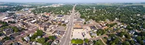 High aerial panorama of the small farming community of Madison, South Dakota
