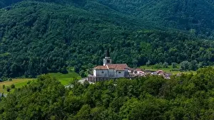 Historical Landmark Prints: High-Altitude Drone View of The Italian Charnel House in Kobarid, Slovenia