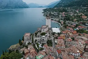 Lake Garda Prints: High angle aerial drone shot view of Malcesine Coastline by lake garda in Italy
