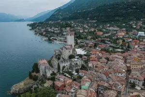 Lake Garda Prints: High angle aerial drone shot view of Malcesine Coastline by lake garda in Italy