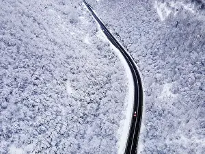 Winter Mountain Prints: High angle aerial view drone image on the road trough the trees
