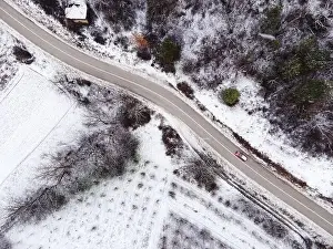 High angle top down aerial view drone image on road trough the trees