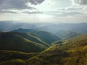 Balkan Mountains Prints: High angle aerial view drone image of sunset sun rays trough the trees