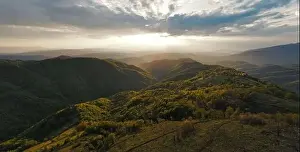 High angle aerial view drone image of sunset sun rays trough the trees