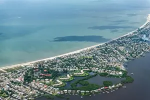 Fort Myers Prints: High angle aerial view of Ft Myers beach landscape near Sanibel Island in southwest in Florida Saharan with beautiful